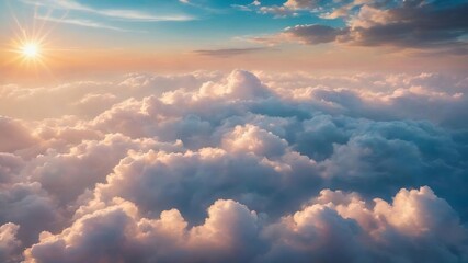 Fototapeta premium Sunshine clouds sky during morning background. blue,white pastel heaven,soft focus lens flare sunlight. abstract blurred cyan gradient of peaceful nature. open view out windows beautiful summer spring