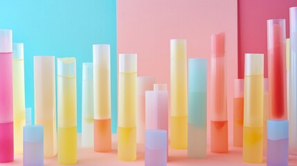  a group of different colored tubes on a pink, blue, yellow, and pink background with a pink and blue wall in the middle of the photo and a row of smaller tubes in the middle.