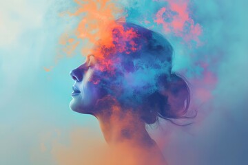 A abstract double exposure image of a human profile for mental wellness - obrazy, fototapety, plakaty