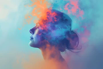 Fotobehang A abstract double exposure image of a human profile for mental wellness © Rax Qiu