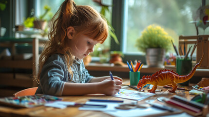 A child sitting at a table with art supplies, drawing a dinosaur on paper.