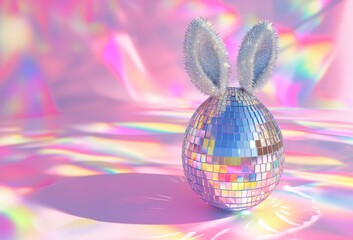 A Bunny Rabbit Shaped Clubbing Disco Mirror Ball on a Iridescent Pastel Rainbow Background, Easter...