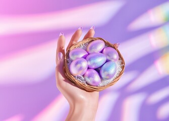 A Woman's Hand Holding A Festive Easter Basket with Various Colored Easter Eggs in the Natural Sunlight on a Pastel Iridescent Background