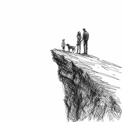 A Beautiful family and a dog Stand on a mountain peak,  Minimal line art, pencil pen sketch line art, isolated background, 