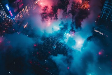 A vibrant sea of people, illuminated by the colorful bursts of fireworks and the warm glow of flares, gathered together under the open sky to celebrate the music and energy of a thrilling outdoor con