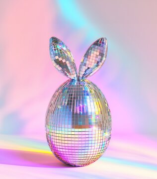 A Bunny Rabbit Shaped Clubbing Disco Mirror Ball on a Iridescent Pastel Rainbow Background, Easter Nightlife, Rave Concept