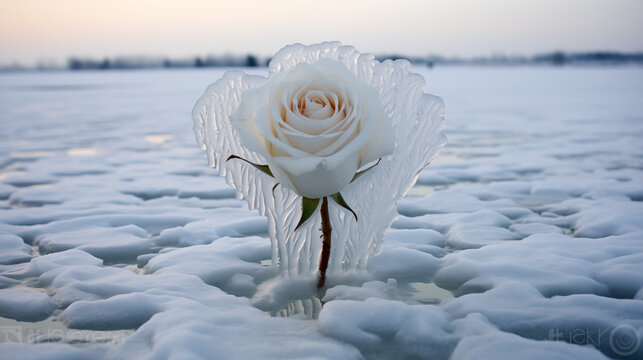 White rose in sleet on frozen pond