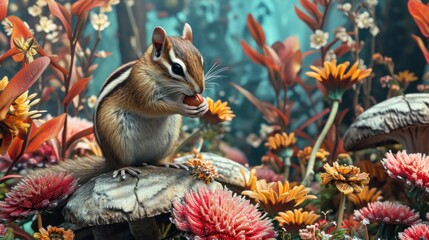  a painting of a chipmun eating a piece of food on top of a rock surrounded by wildflowers and a forest of red and yellow and orange flowers.