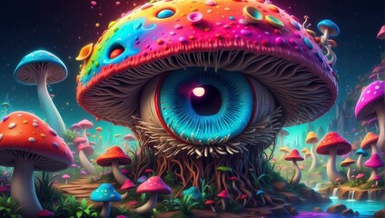 the big eye illustration as rainbow mushroom head in fairy dan dreamy, 3d rendering - obrazy, fototapety, plakaty