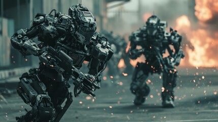In a post-apocalyptic world, a pack of mechanized warriors sprint through a war-torn landscape, brandishing powerful firearms in a thrilling race for survival - obrazy, fototapety, plakaty