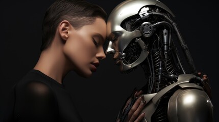 Fototapeta na wymiar Robot hugs a woman. Relationship and love between android and human. Black background. AI Generated