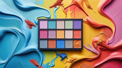  a colorful palette of eyeshades on a multi - colored background with a splash of paint on the bottom half of the palette and the palette on the top half of the other half of the palette.