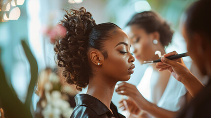 A candid shot of the bride and her bridesmaids getting ready, wedding day, dynamic and dramatic compositions, blurred background, with copy space