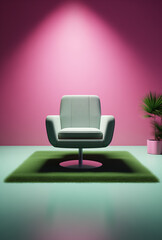 green chair in the pink room.Minimal interior concept.Copy space,top view.Generative AI