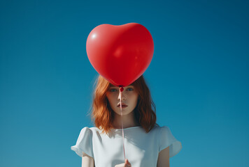 woman holding a heart balloon.Minimal creative valentine holiday concept.Top view.Generative AI
