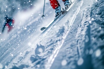 Thrill-seeker embraces the winter wonderland, gracefully gliding down the powdery slope on their skis, surrounded by glistening snow and the crisp outdoor air