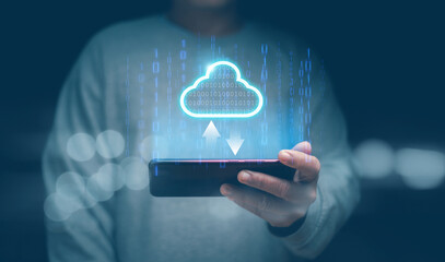 Cloud computing technology concept, Man using smartphone to download or upload digital information...