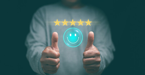 Customer experience satisfaction concept. Hands of client thumb up positive emotion smile face icon...