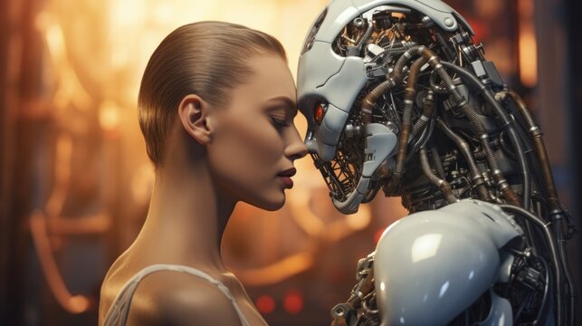 Robot and a beautiful woman. Love between artificial intelligence android cyborg and human. Kiss, hugs. AI Generated