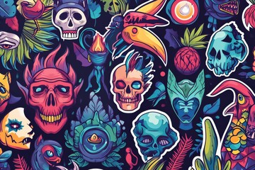 A vibrant, whimsical painting featuring a surreal blend of colorful skulls and intricate plant designs, evoking a modern, psychedelic twist on traditional art