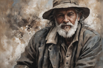 Obraz premium oil painting, portrait of an old fisherman man,close-up, printable art, picture to print on the wall