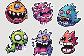 Fotobehang A whimsical clipart illustration of a mischievous group of cartoon monsters, with colorful and exaggerated features, exuding a playful and lively energy © ChaoticMind