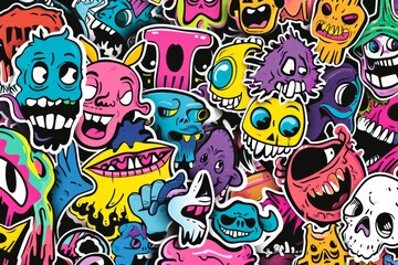 Obraz na płótnie Canvas A vibrant array of cartoon stickers, each with a unique color palette and expressive face, evoking a sense of whimsy and psychedelic energy in their artful illustrations and graffiti-inspired graphic