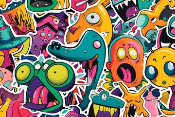 A vibrant and eclectic collection of cartoon characters come to life through colorful drawings, psychedelic paintings, and modern art illustrations, enhanced with graphics, clipart, and whimsical det