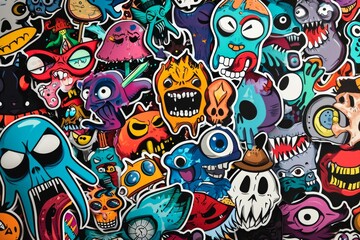 Obraz premium A colorful collection of modern cartoon stickers, each uniquely designed with elements of drawing, painting, and psychedelic art to create a visually striking and playful representation of the world 
