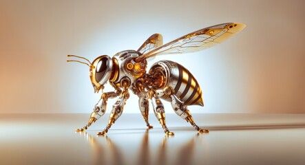 A Gleaming Robotic Bee, Masterpiece of Technology, Hovering Gracefully with Precision-Engineered Wings