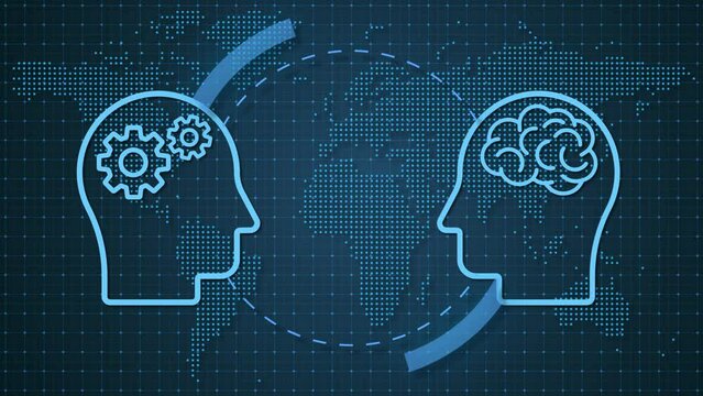 Robot and human, communication and retro alimentation on digital grid and world map. AI smart and high tech to communicate with human. New technology in future can support people online in cyberspace