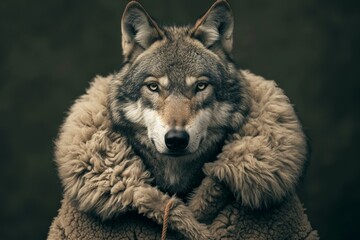 Amidst the snowy landscape, a majestic mammal stands tall, its fur coat glimmering in the sunlight, embodying the wild spirit of a wolf, with hints of its domesticated canine cousin