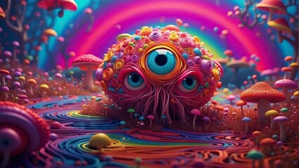mystical, hallucinogen cute pinkies character  with triple eyes - obrazy, fototapety, plakaty