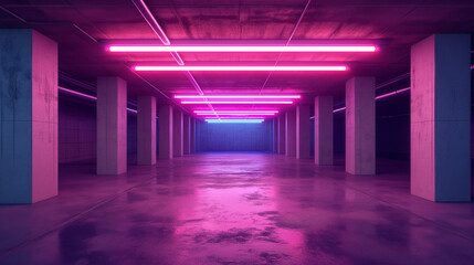 Neon Glow in Modern Parking Garage - obrazy, fototapety, plakaty