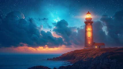 A lighthouse on the island with a beautiful night view - obrazy, fototapety, plakaty