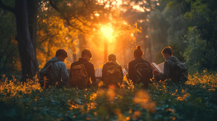Christian youth studying the Bible in nature - obrazy, fototapety, plakaty