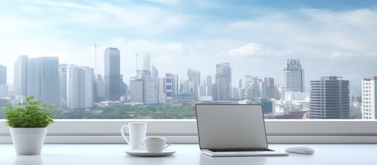 White desk office workplace with laptop, cup of coffee near windows with cityscape view. Generate AI