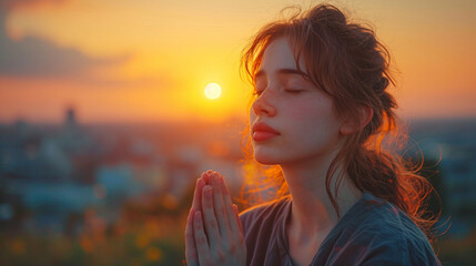 A believing girl prays in a field at sunrise