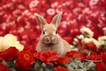 Rabbit on background of red_ flowers symbolizing chinese New Year