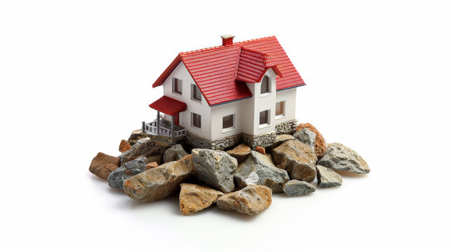 Quaint Refuge: Miniature House with Red Roof on Stones. Generative AI