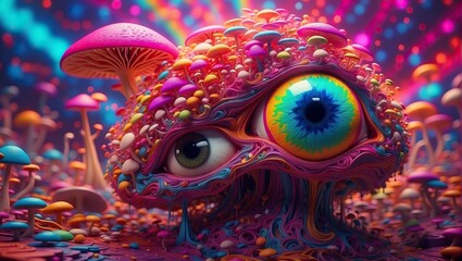 cute pinkies character with rainbow eyes mystical, hallucinogen, dream