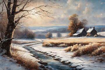 oil painting, beautiful winter landscape with mountains in the background, printable art, picture to print on the wall
