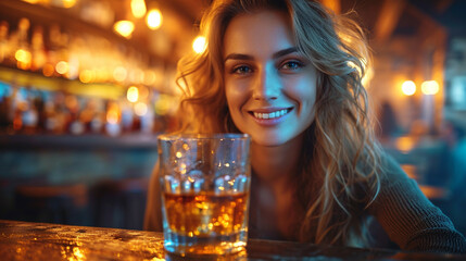 Obraz na płótnie Canvas Young woman drinking alcohol in a bar