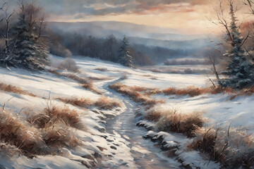 oil painting, beautiful winter landscape with mountains in the background, printable art, picture to print on the wall