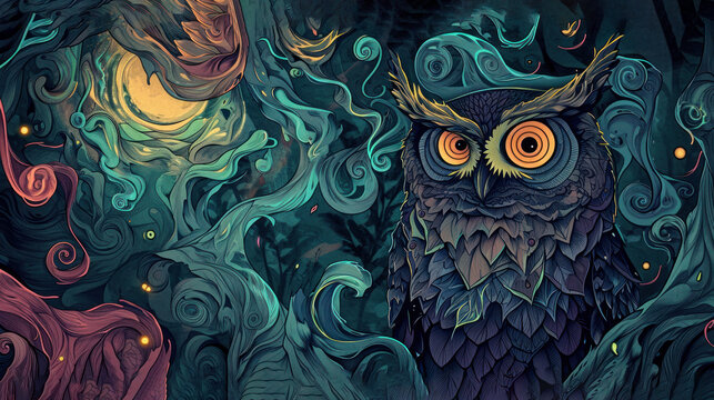 a painting of an owl surrounded by swirling swirls and a full moon in the middle of the night sky with stars and swirls in the middle of the sky.