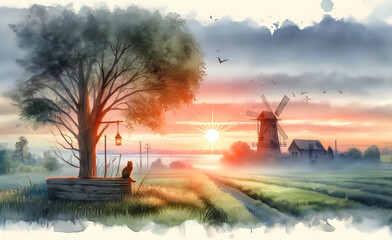 Fototapeta premium sunrise over the river near village, watercolor painting.