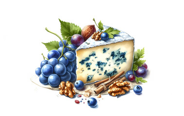 Blue cheese and snacks on white background, watercolor painting.