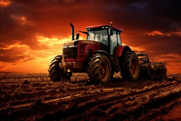 Modern heavy red tractor on the barley field in golden sky sunset view. Generate AI image