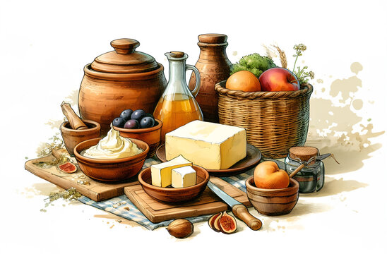 Still life with bread, homemade butter in a rustic style, watercolor painting. Generative AI