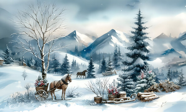 Winter snow landscape watercolor painting with trees and deer. Generative AI